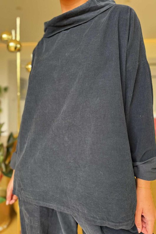 Made in Italy Cooper Needlecord Boat Cowl Neck Top Black